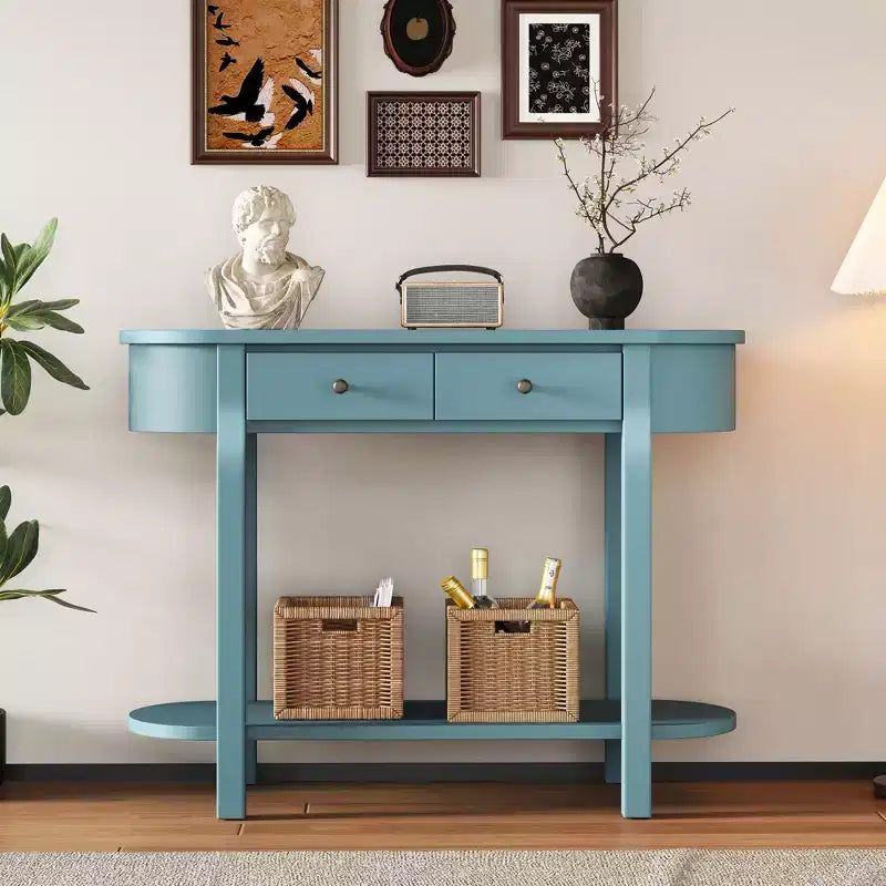 Tavolo Consolle Elegante Okak con Finitura Liscia, Tavolo d'Ingresso dal Design Curvo e 2 Cassetti, Tavolo d'Appoggio per Soggiorno, Corridoio