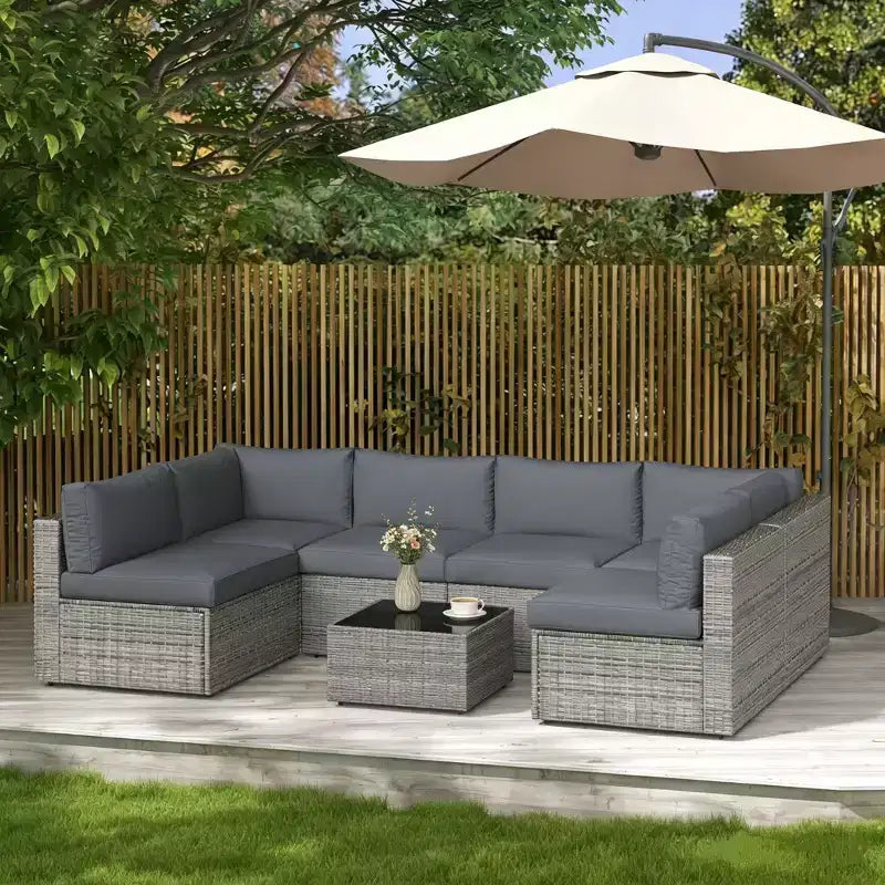 Salon de jardin 7 pièces en rotin, canapé modulaire d'extérieur avec coussins et table basse