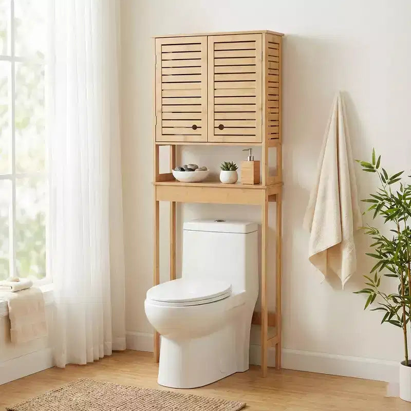 Evideco Mobiletto salvaspazio da bagno da mettere sopra al WC, con doppie ante ventilate e ripiano aperto, colore naturale - Collezione Trinidad