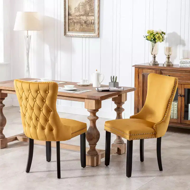 Set di 2 sedie da pranzo imbottite in velluto con borchie e gambe in legno - Stile retrò, seduta confortevole per sala da pranzo e cucina