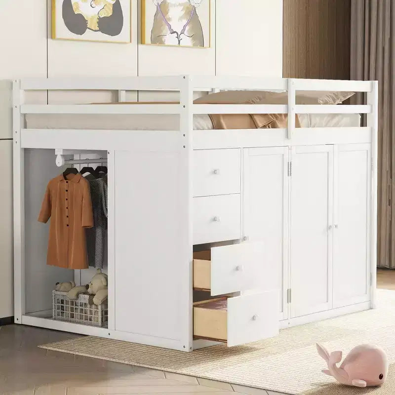 Lit mezzanine pleine taille Teddy Fleece avec étagère de rangement et tiroirs, lit mezzanine haut en bois avec bureau polyvalent pour chambre à coucher