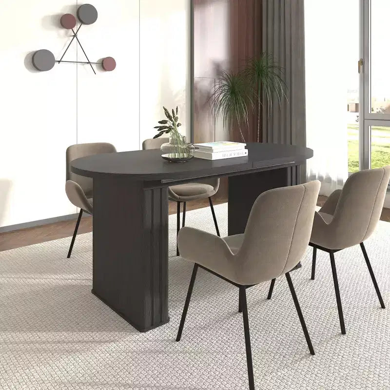 Okak 78IN Tavolo da Pranzo Estensibile per 4-8 Persone, Tavolo da Cucina con Base a Strisce di Legno, Tavolo Pieghevole per Soggiorno, Sala da Pranzo