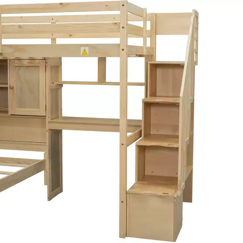 Lit superposé double en bois avec bureau et escalier, lit mezzanine double en L avec rangements et étagères