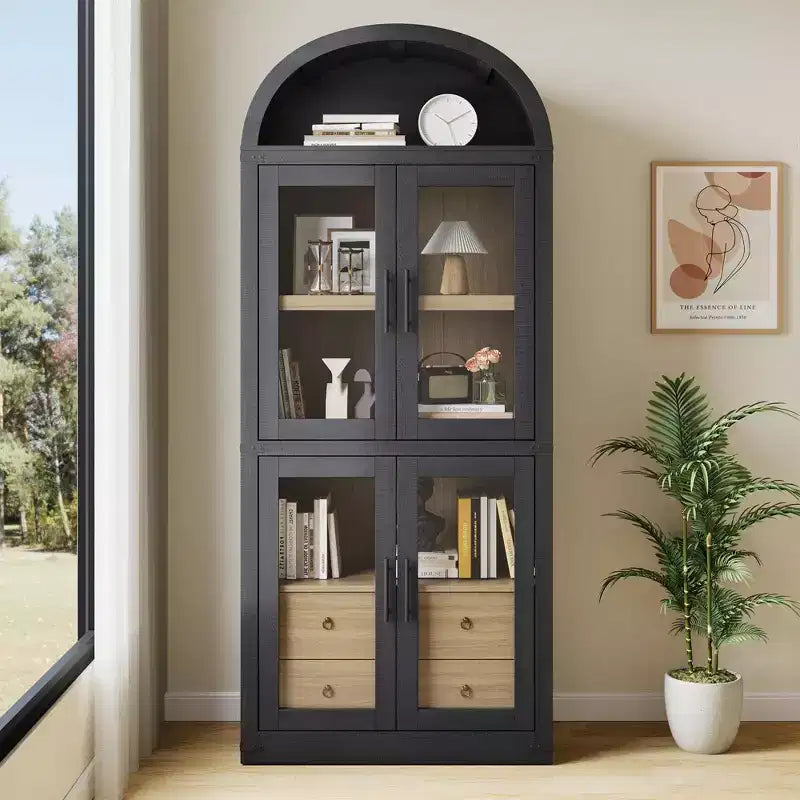 Libreria alta ad arco GustoWave 71.4 con 4 ante e 2 cassetti, armadietto espositivo profondo 15.8 con ripiani, scaffale in legno