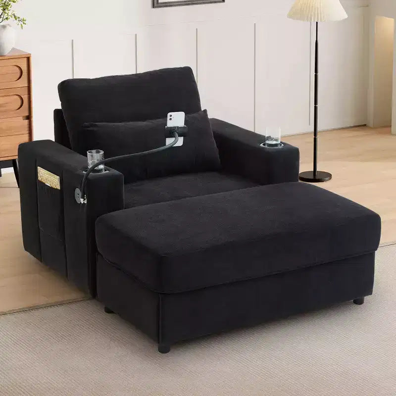 Chaise longue convertible avec pouf de rangement mobile, assise profonde