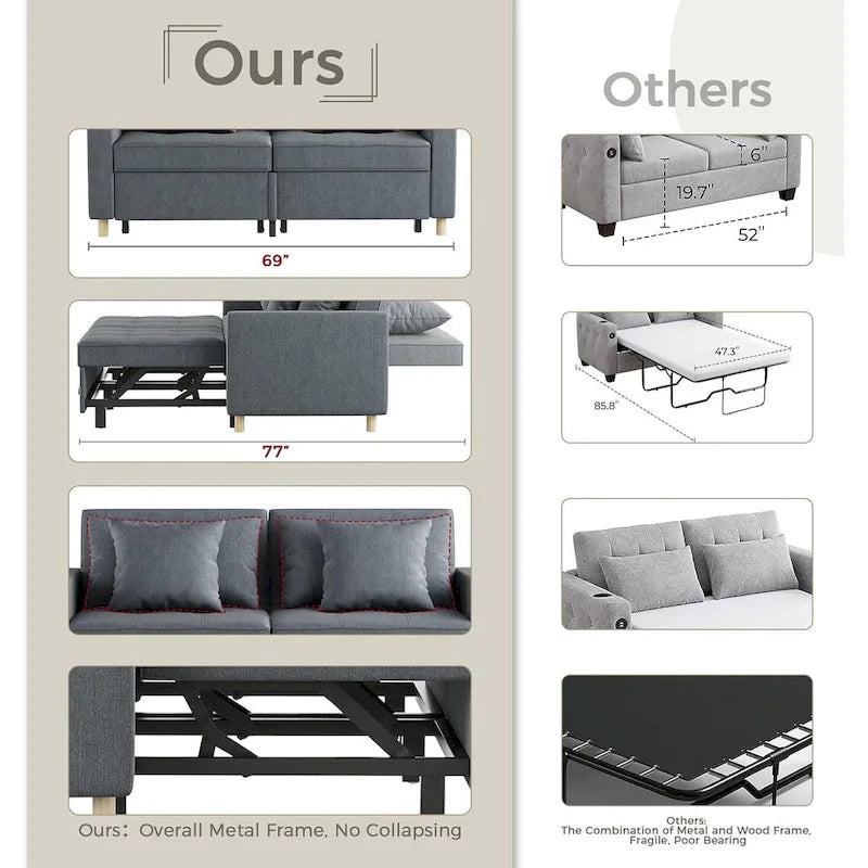 AECOJOY Divano Letto 3 in 1, Letto Singolo Convertibile