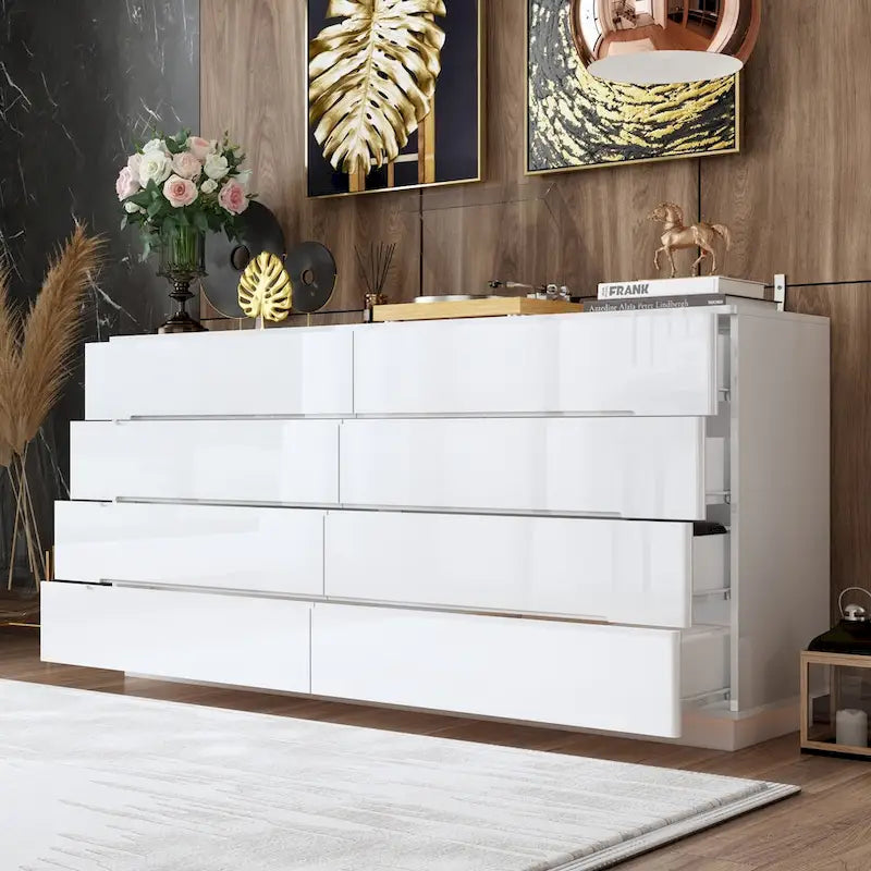 Comò lucido 63" con luce, con 8 cassetti e ampio piano d'appoggio