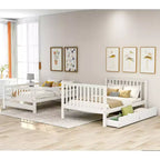 Letto a castello Full over Full con scaletta per bambini, struttura a castello matrimoniale con 6 cassetti e ringhiera per cameretta o dormitorio