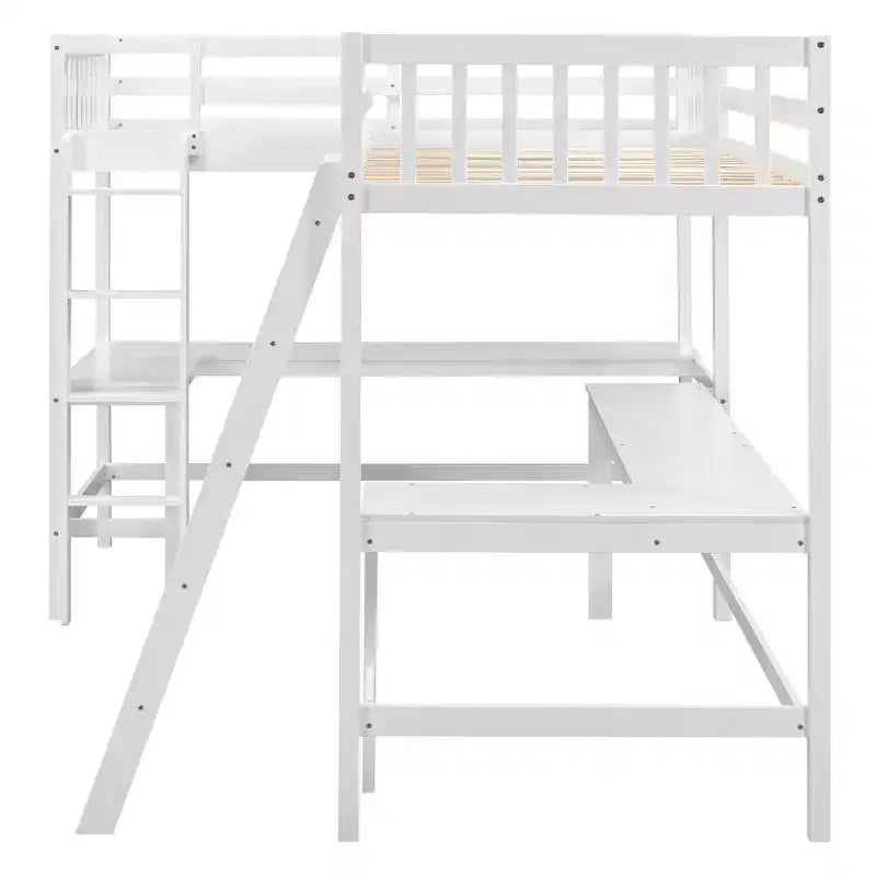 Letto a soppalco a L matrimoniale in legno da 119''L 79.5''W con scaletta e 2 scrivanie a L integrate