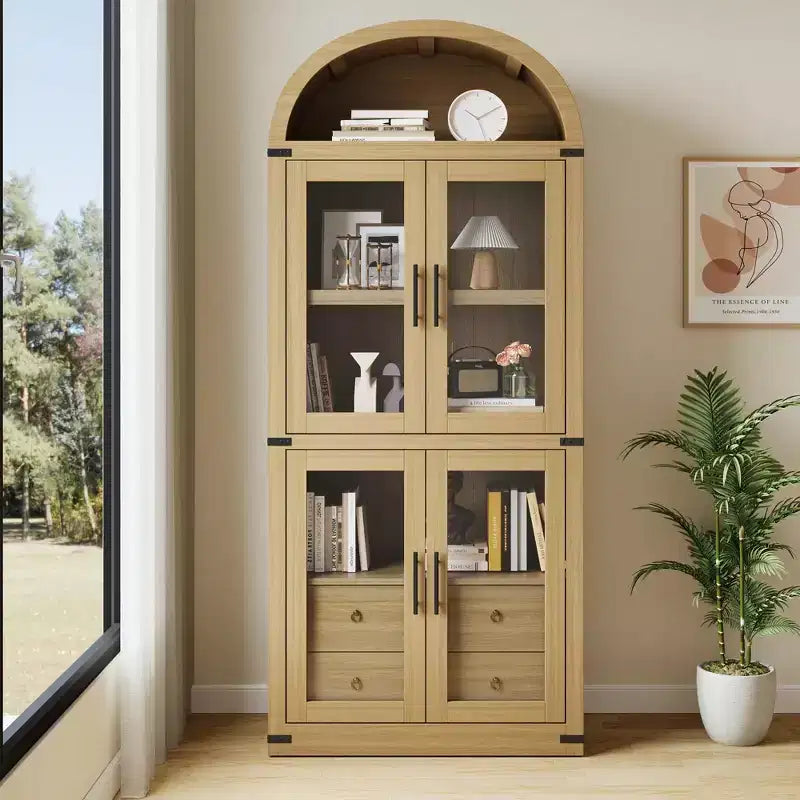 Libreria alta ad arco GustoWave 71.4 con 4 ante e 2 cassetti, armadietto espositivo profondo 15.8 con ripiani, scaffale in legno
