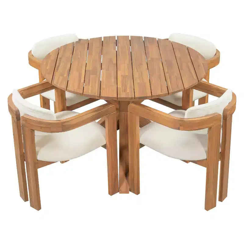 ModernLuxe Set da pranzo rotondo da esterno a 5 pezzi in legno di acacia, tavolo da 47" con 4 sedie a barilotto imbottite per giardino/patio/cortile