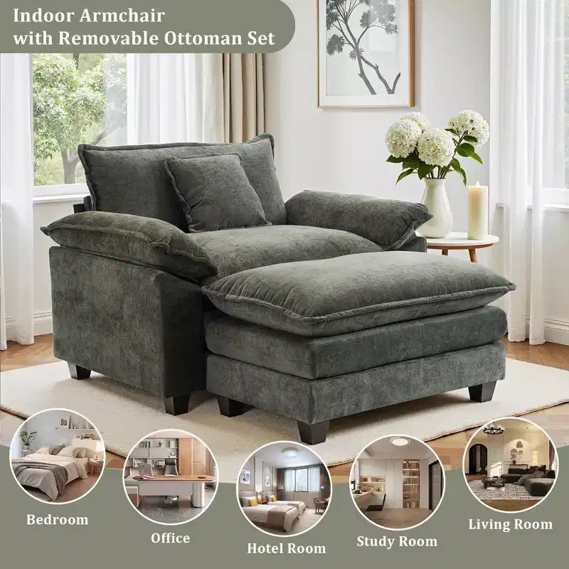 Fauteuil d'appoint surdimensionné en chenille EHMKNP avec pouf