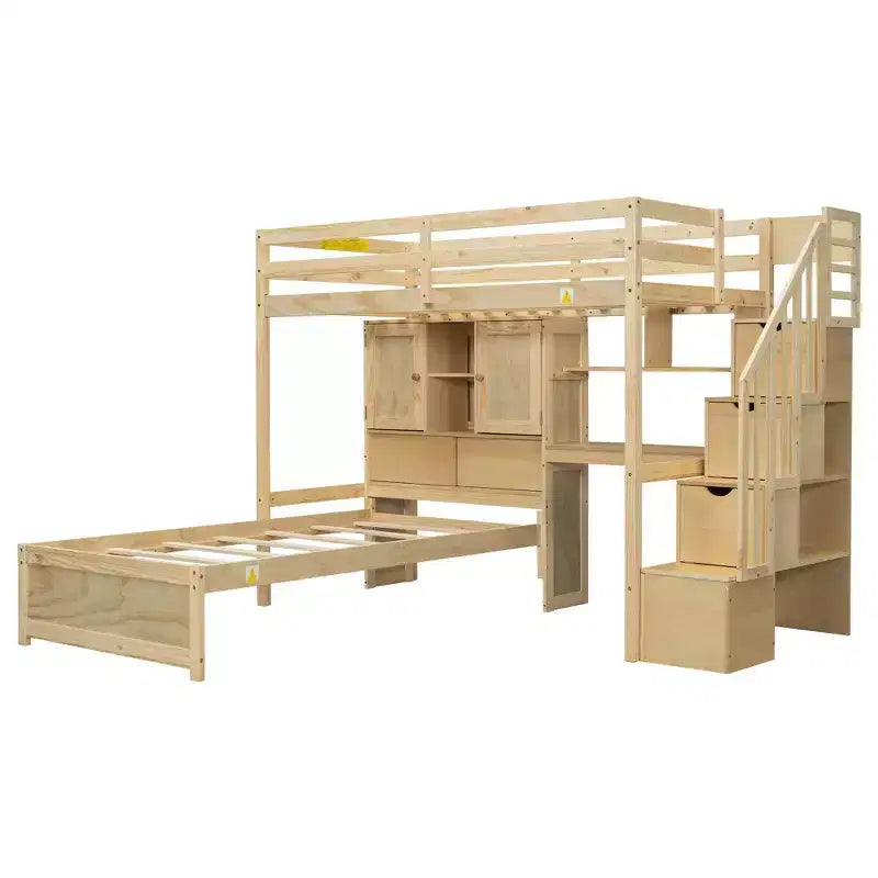Lit superposé double en bois avec bureau et escalier, lit mezzanine double en L avec rangements et étagères