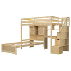 Lit superposé double en bois avec bureau et escalier, lit mezzanine double en L avec rangements et étagères