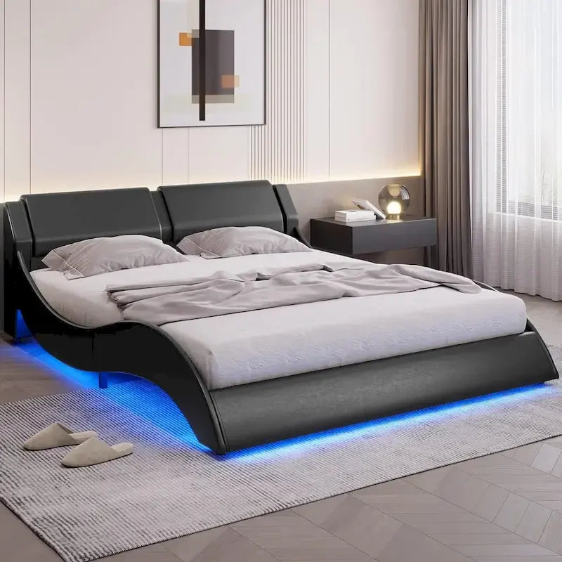Letto a piattaforma moderno imbottito Queen con luci LED
