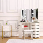 Coiffeuse d'angle avec lumières, table de maquillage avec prise de courant et tiroirs rotatifs pour chambre à coucher