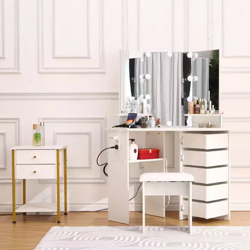 Coiffeuse d'angle avec lumières, table de maquillage avec prise de courant et tiroirs rotatifs pour chambre à coucher