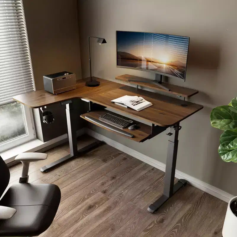 Bureau assis-debout en forme de L EUREKA ERGONOMIC 60x23 avec accessoires