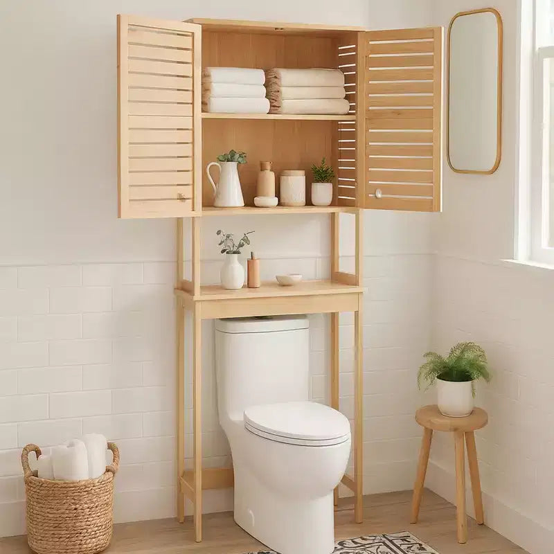 Evideco Mobiletto salvaspazio da bagno da mettere sopra al WC, con doppie ante ventilate e ripiano aperto, colore naturale - Collezione Trinidad