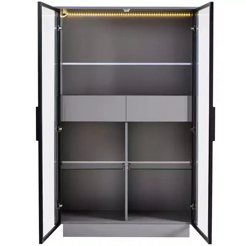 Vitrine éclairée LED Meuble de rangement avec porte en verre trempé, 2 tiroirs, étagères réglables, Moderne Minimaliste, Gris-ModernLuxe
