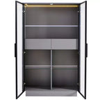 Vitrine éclairée LED Meuble de rangement avec porte en verre trempé, 2 tiroirs, étagères réglables, Moderne Minimaliste, Gris-ModernLuxe