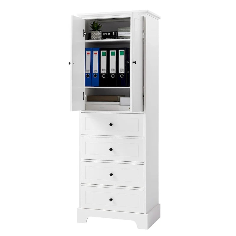 Mobile Contenitore in Legno con 2 Ante e 4 Cassetti, Ripiano Regolabile
