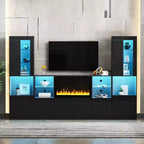 Meuble TV moderne avec lumières LED pour téléviseur de 75 pouces, table console multimédia avec étagères en verre trempé et foyer non chauffant