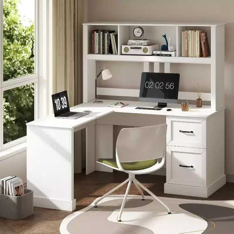 Zevemomo Scrivania a L da 60 con libreria e cassetti, Scrivania angolare per computer con ripiani a giorno, per ufficio o camera da letto, Bianco moderno