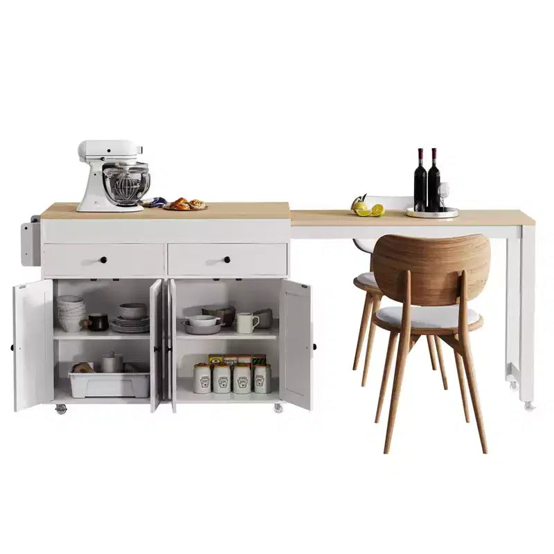 Îlot de cuisine de 189 cm avec table à manger extensible, chariot roulant avec 4 armoires, 2 tiroirs, porte-épices, étagères réglables