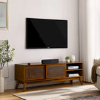 Mobile TV vintage in rattan con 2 armadietti e 4 gambe in legno per soggiorno, camera da letto e ufficio