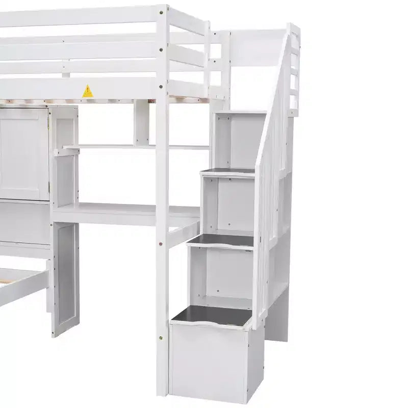 Lit superposé double en bois avec bureau et escalier, lit mezzanine double en L avec rangements et étagères