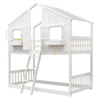 Lit superposé cabane jumeau sur jumeau avec toit, fenêtre, jardinière, porte, barrières de sécurité et échelle, gris