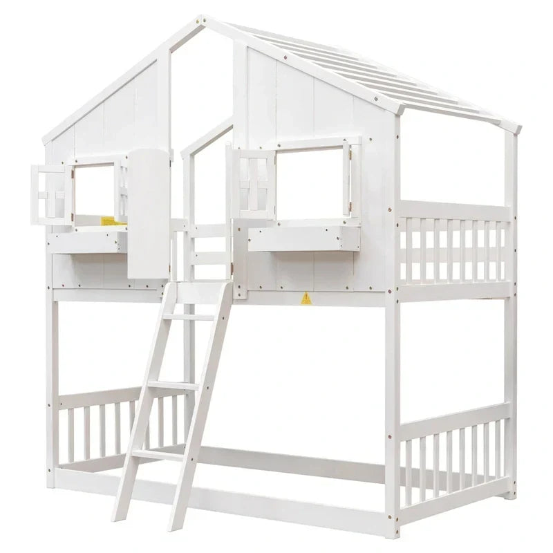 Lit superposé cabane jumeau sur jumeau avec toit, fenêtre, jardinière, porte, barrières de sécurité et échelle, gris