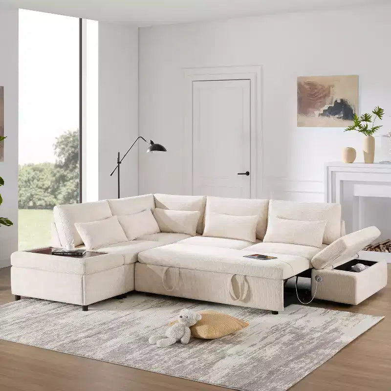 Canapé-lit modulaire sectionnel Whisen 270 - 6 places en forme de L avec pouf de rangement, canapé en chenille, personnalisable pour salon et appartement