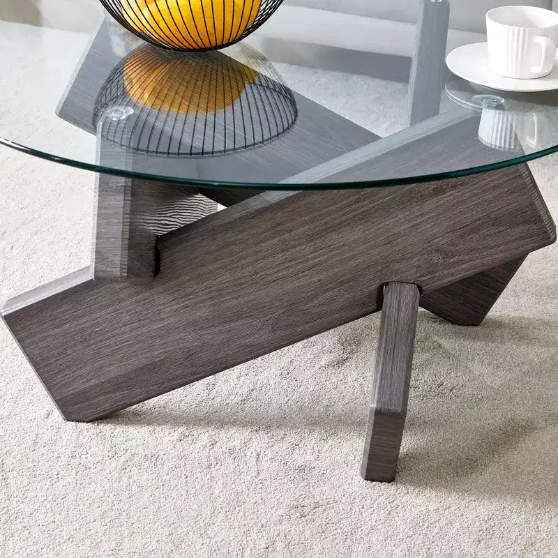 Table basse circulaire moderne en verre Okak, petite table à thé au design distinctif avec pieds en bois pour salon, réception, bureau, fermes