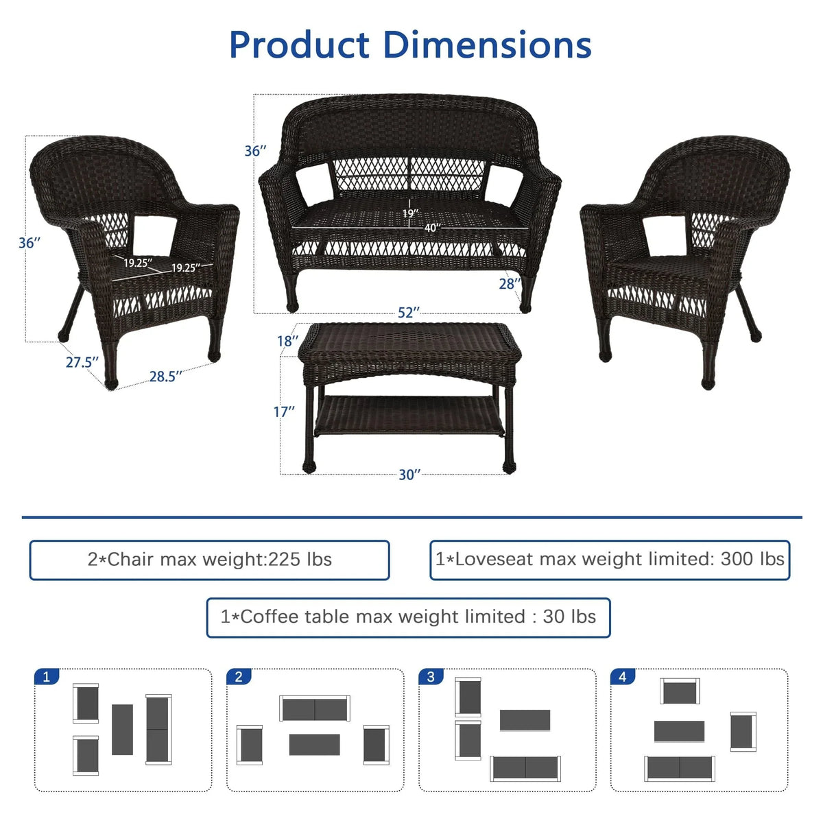 Set da conversazione da 4 pezzi per patio in vimini