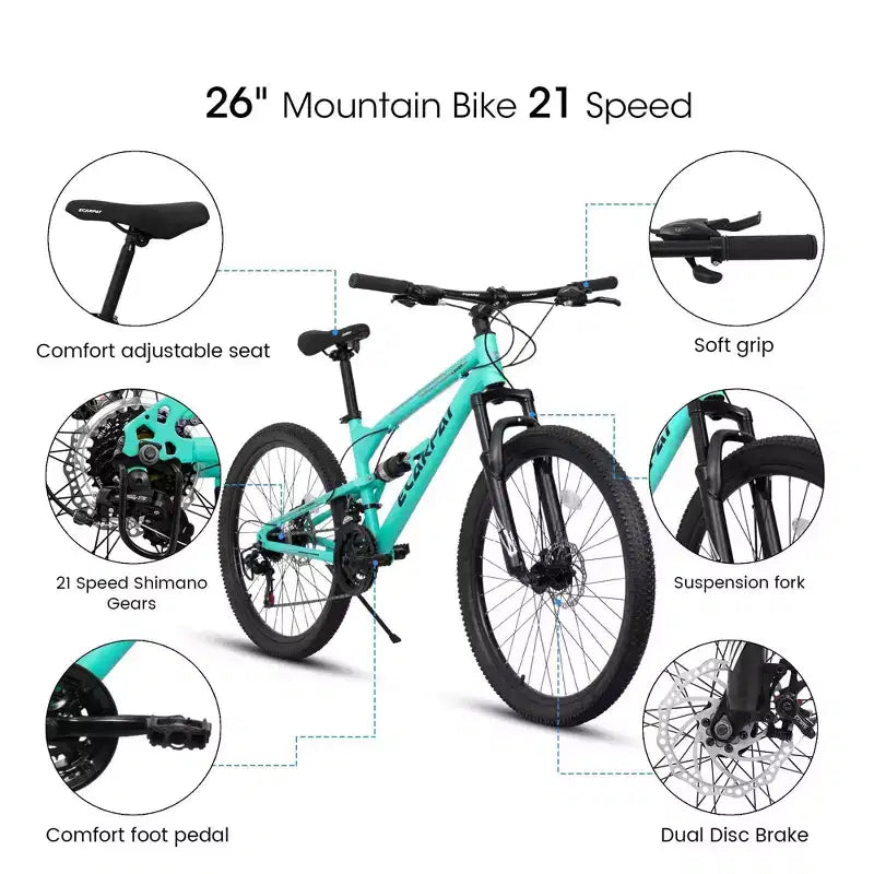 NAYSAYE Bicicletta da Montagna da 26 Pollici con Telaio in Acciaio, 21 velocità, Forcella Ammortizzata, Bici per Adulti per Andare in Bicicletta all'Aperto, Blu, 68.00*27.00*38.00