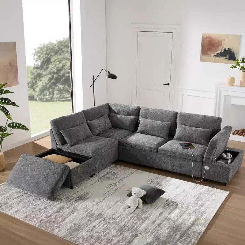 Canapé-lit modulaire sectionnel Whisen 270 - 6 places en forme de L avec pouf de rangement, canapé en chenille, personnalisable pour salon et appartement
