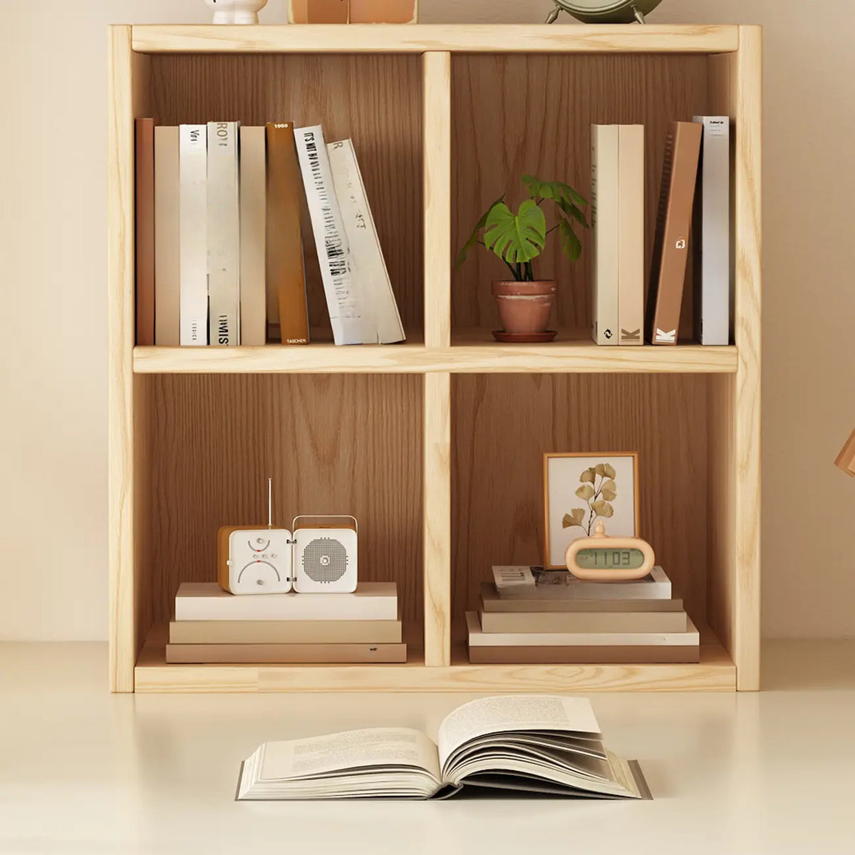 Libreria moderna orizzontale in legno a 8 cubi, finitura naturale