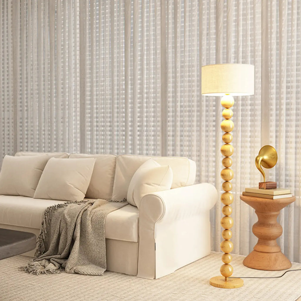 Lampadaire moderne décoratif à boules superposées avec abat-jour en tissu