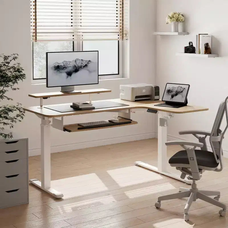 Bureau assis-debout en forme de L EUREKA ERGONOMIC 60x23 avec accessoires