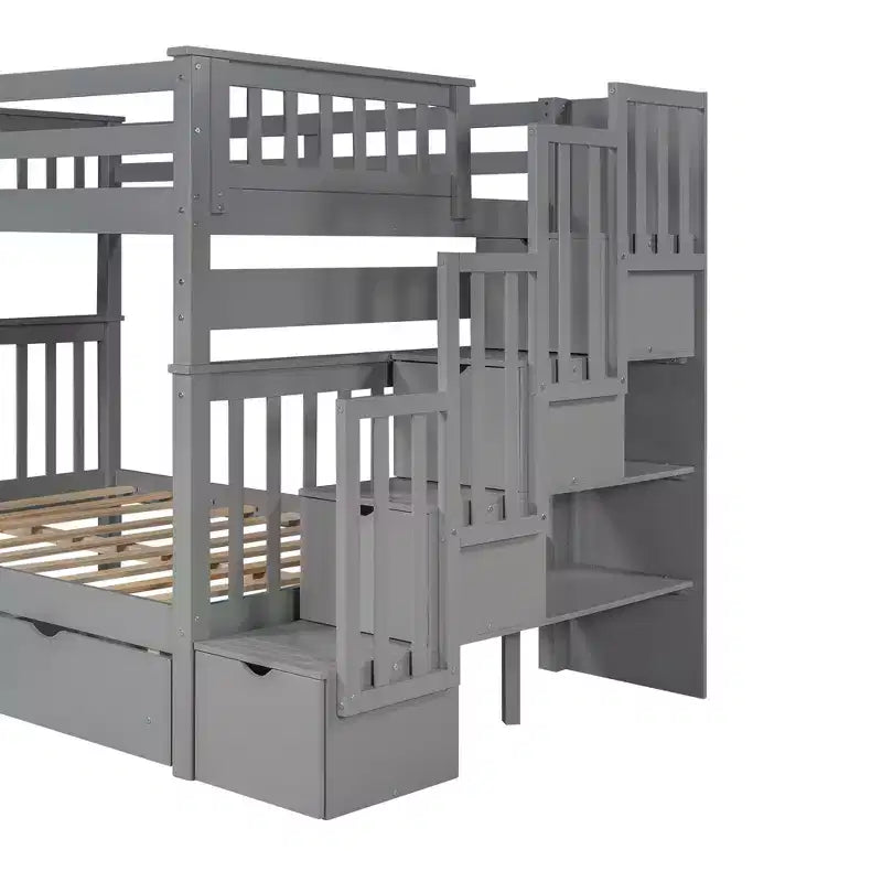 Letto a castello Full over Full con scaletta per bambini, struttura a castello matrimoniale con 6 cassetti e ringhiera per cameretta o dormitorio
