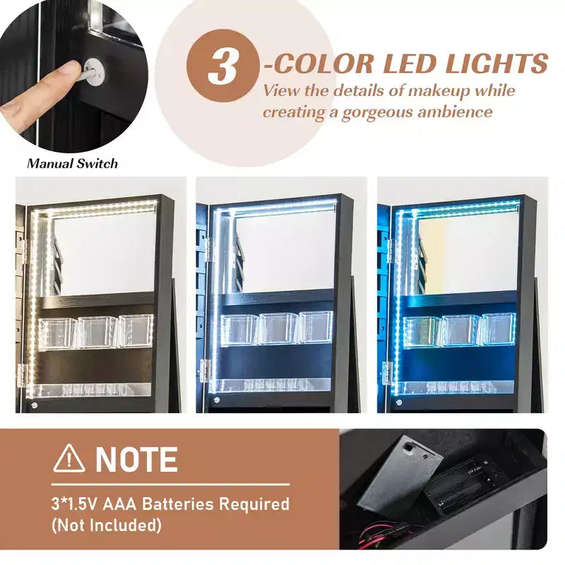 Costway Armoire à bijoux rotative à 360° avec miroir, 3 modes de couleur LED, verrouillable, noir