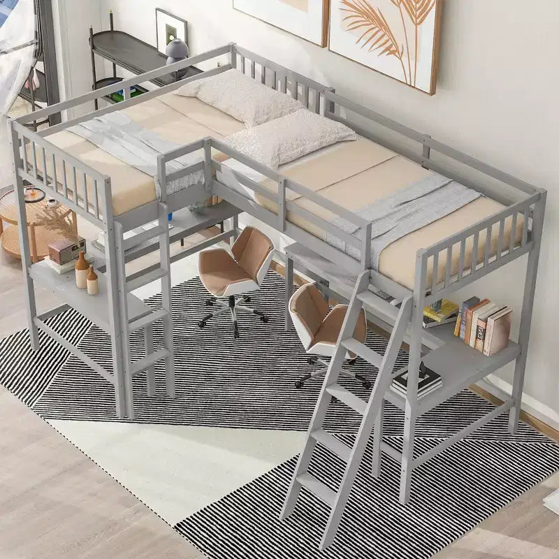 Letto a soppalco a L matrimoniale in legno da 119''L 79.5''W con scaletta e 2 scrivanie a L integrate