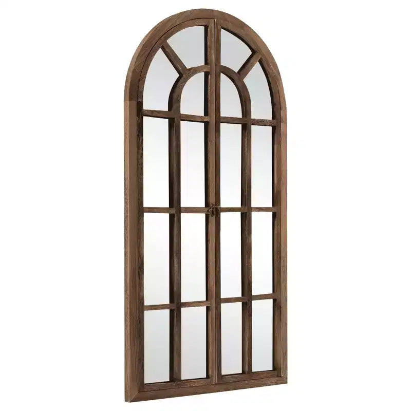 Miroir mural pleine longueur, design cintrée à grille en bois massif, ouvrable, sans support