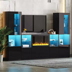 Meuble TV moderne avec lumières LED pour téléviseur de 75 pouces, table console multimédia avec étagères en verre trempé et foyer non chauffant