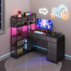 Scrivania per computer a L da 47" con 6 cassetti e mensole a 5 ripiani, scrivania angolare reversibile da gaming con luci LED e prese di corrente