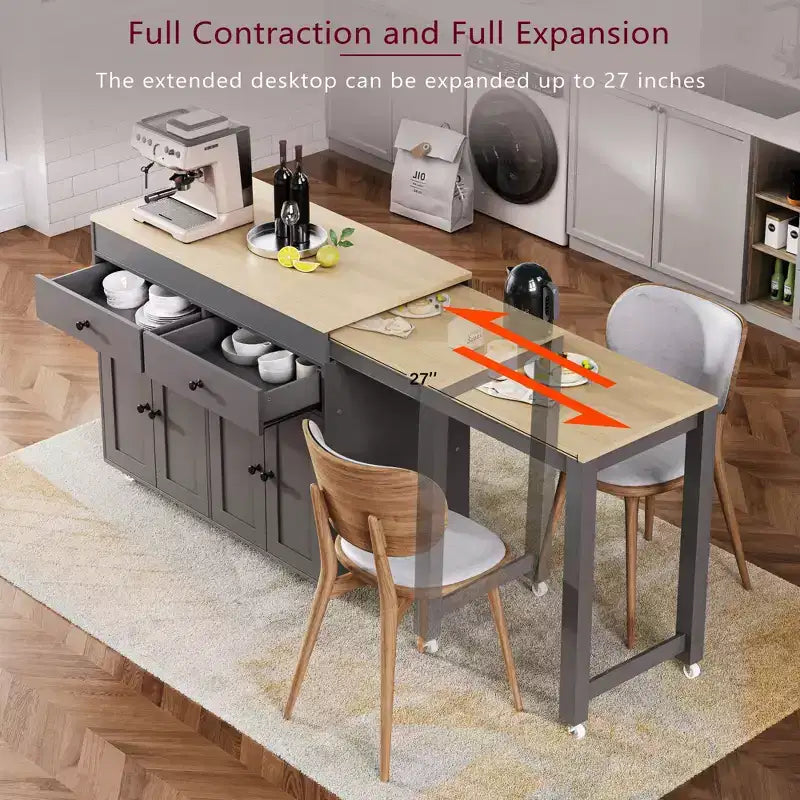 Isola da Cucina da 189 cm con Tavolo da Pranzo Estensibile, Carrello con 4 Armadietti, 2 Cassetti, Porta Spezie, Ripiani Regolabili