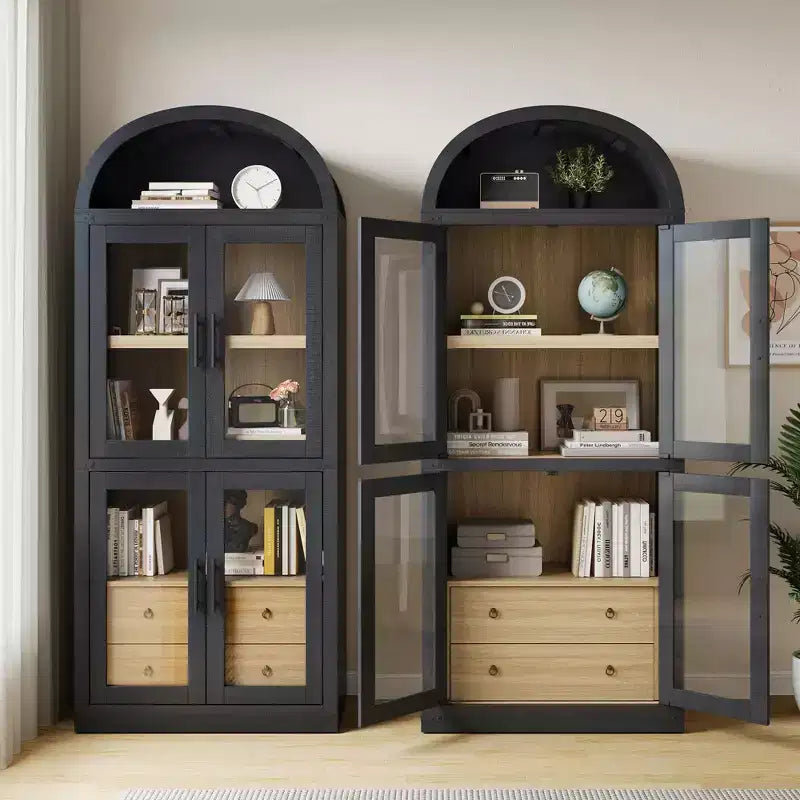 Libreria alta ad arco GustoWave 71.4 con 4 ante e 2 cassetti, armadietto espositivo profondo 15.8 con ripiani, scaffale in legno
