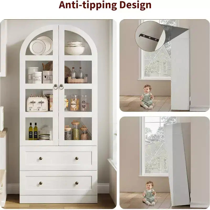 Garde-manger de cuisine, Garde-manger de cuisine haut de 72 po à arche, Armoire en bois polyvalente de style campagnard avec tiroirs, Armoire de style ferme moderne